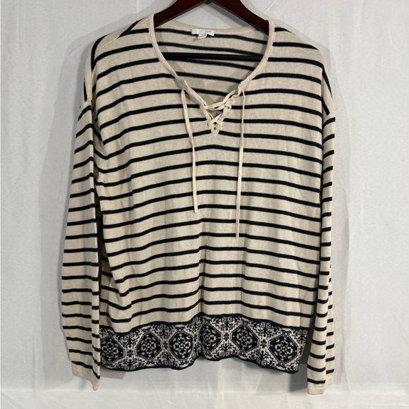 Women’s Large Cotton/ Modal Sweater Multi Pattern Criss Cross Neck J Jill - Picture 1 of 8
